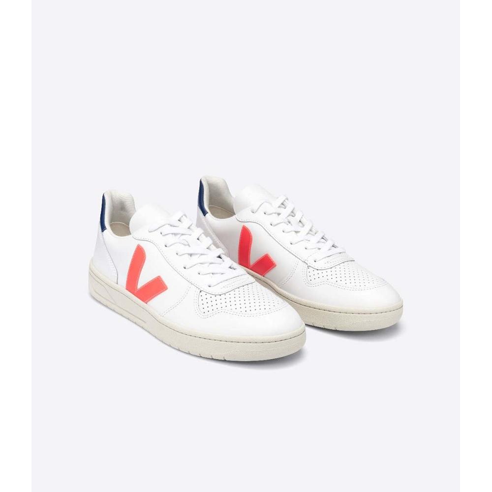 Women's Veja V-10 LEATHER Sneakers White/Orange/Blue | SG 646JPQ